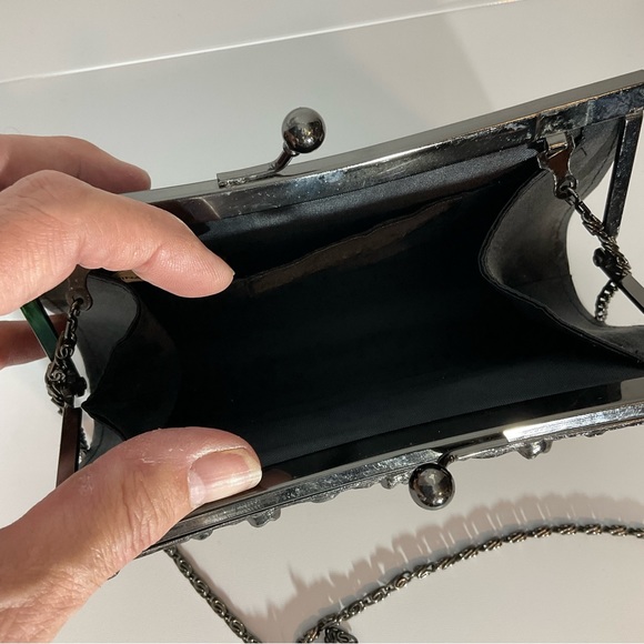 Jessica McClintock 90’s Vintage Black Satin Chain Clutch Chain Bag w/Ornate Gems - Picture 8 of 16